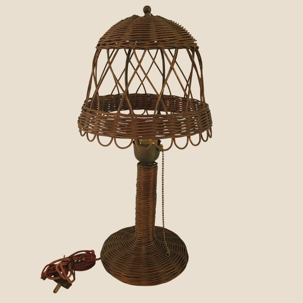 Antique Vintage Art Deco Mushroom Wicker Table Lamp Woven Rattan Brown 18" AS IS